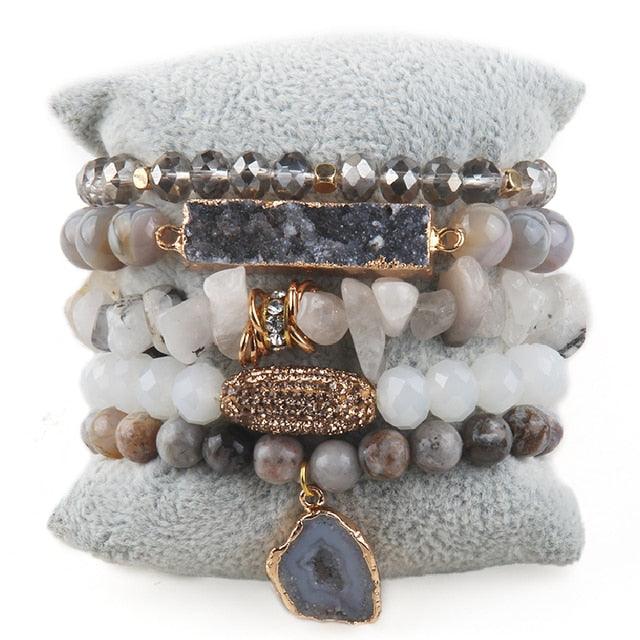 Bohemian Natural Stone Crystal Bead Stack Bracelet Set with Druzy Charm Cuff - Lucid Fantasy 