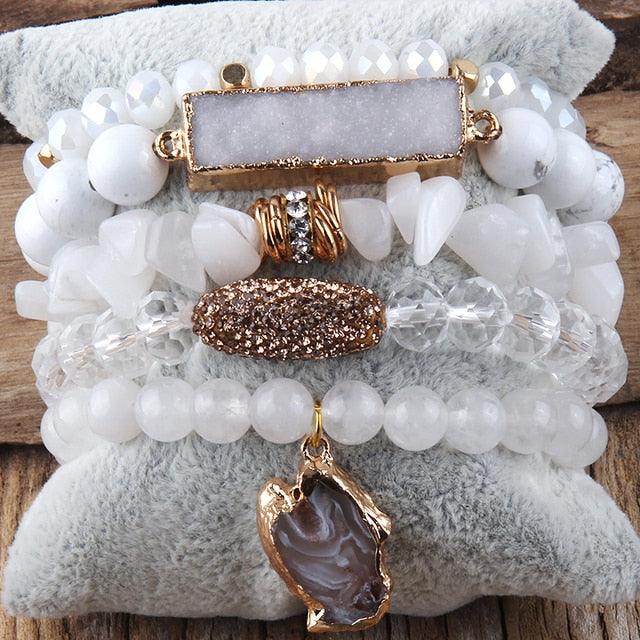 Bohemian Natural Stone Crystal Bead Stack Bracelet Set with Druzy Charm Cuff - Lucid Fantasy 