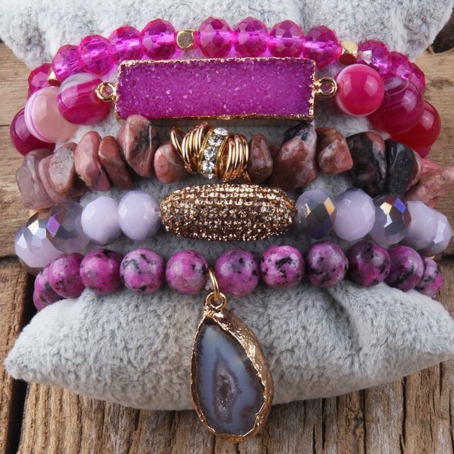 Bohemian Natural Stone Crystal Bead Stack Bracelet Set with Druzy Charm Cuff - Lucid Fantasy 