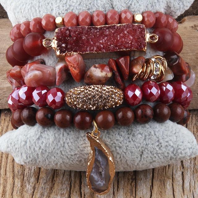 Bohemian Natural Stone Crystal Bead Stack Bracelet Set with Druzy Charm Cuff - Lucid Fantasy 