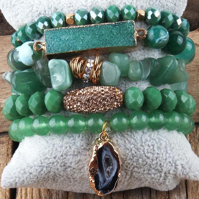 Bohemian Natural Stone Crystal Bead Stack Bracelet Set with Druzy Charm Cuff - Lucid Fantasy 