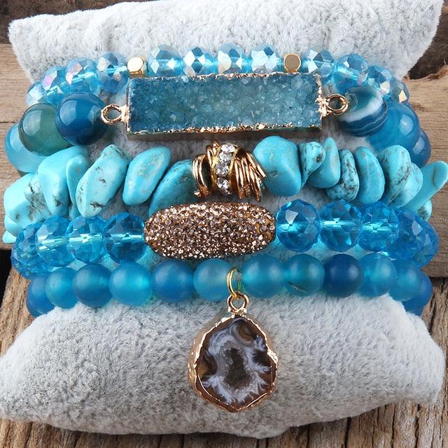 Bohemian Natural Stone Crystal Bead Stack Bracelet Set with Druzy Charm Cuff - Lucid Fantasy 