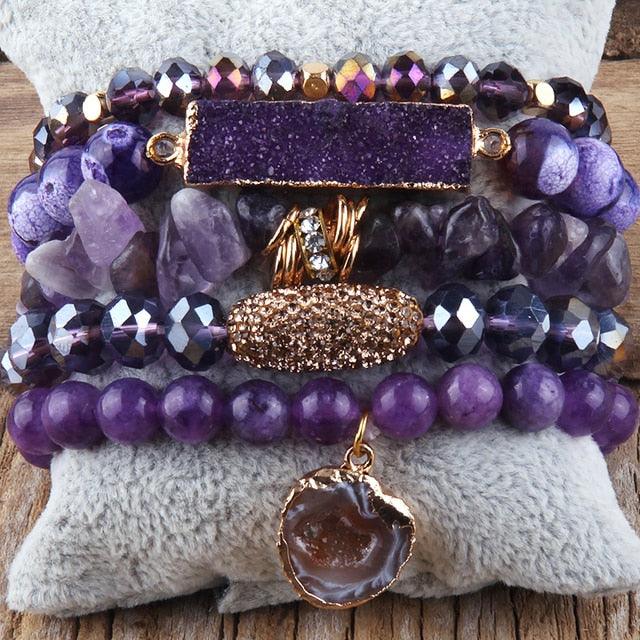 Bohemian Natural Stone Crystal Bead Stack Bracelet Set with Druzy Charm Cuff - Lucid Fantasy 