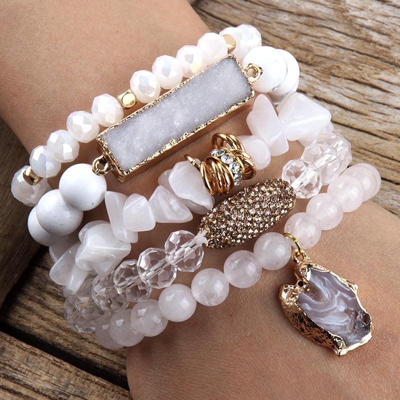 Bohemian Natural Stone Crystal Bead Stack Bracelet Set with Druzy Charm Cuff - Lucid Fantasy 