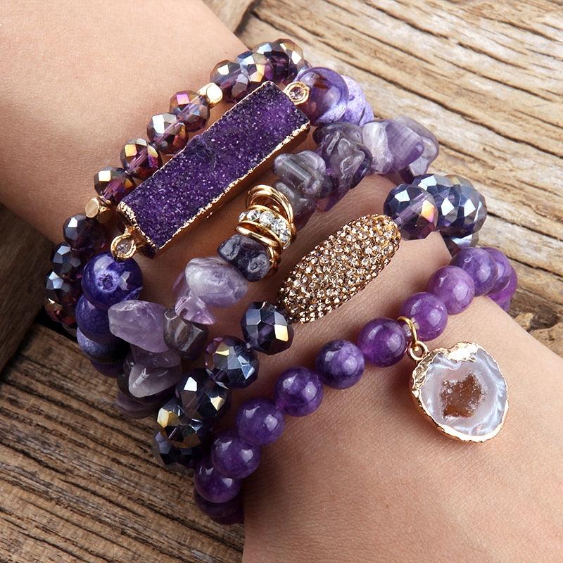 Bohemian Natural Stone Crystal Bead Stack Bracelet Set with Druzy Charm Cuff - Lucid Fantasy 