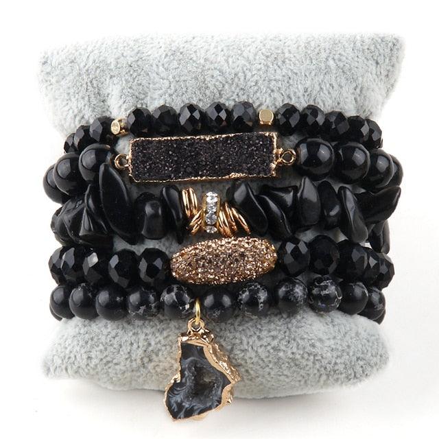 Bohemian Natural Stone Crystal Bead Stack Bracelet Set with Druzy Charm Cuff - Lucid Fantasy 