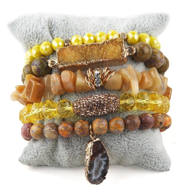 Bohemian Natural Stone Crystal Bead Stack Bracelet Set with Druzy Charm Cuff - Lucid Fantasy 