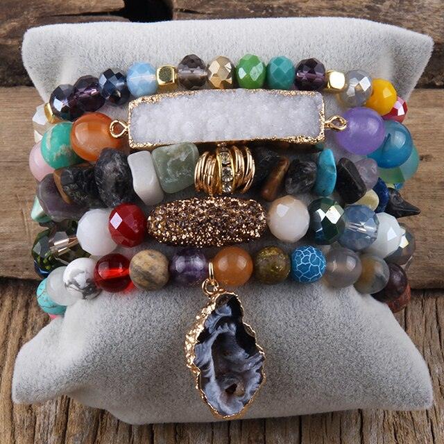 Bohemian Natural Stone Crystal Bead Stack Bracelet Set with Druzy Charm Cuff - Lucid Fantasy 