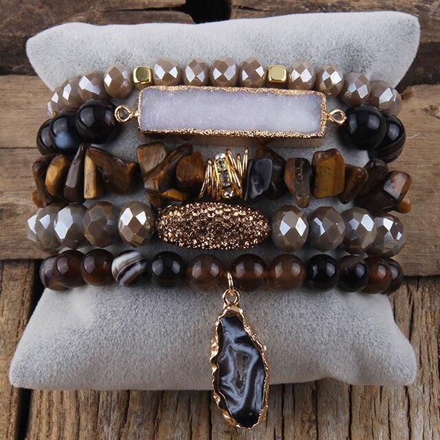 Bohemian Natural Stone Crystal Bead Stack Bracelet Set with Druzy Charm Cuff - Lucid Fantasy 