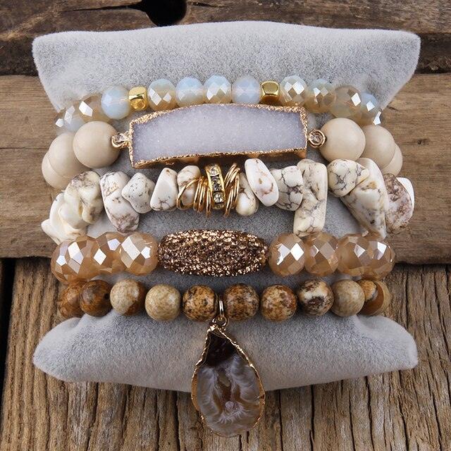 Bohemian Natural Stone Crystal Bead Stack Bracelet Set with Druzy Charm Cuff - Lucid Fantasy 