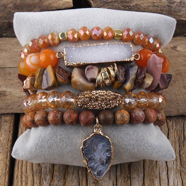 Bohemian Natural Stone Crystal Bead Stack Bracelet Set with Druzy Charm Cuff - Lucid Fantasy 