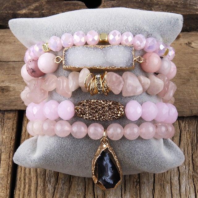 Bohemian Natural Stone Crystal Bead Stack Bracelet Set with Druzy Charm Cuff - Lucid Fantasy 