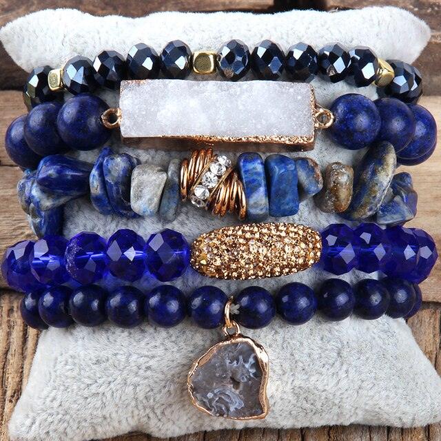 Bohemian Natural Stone Crystal Bead Stack Bracelet Set with Druzy Charm Cuff - Lucid Fantasy 