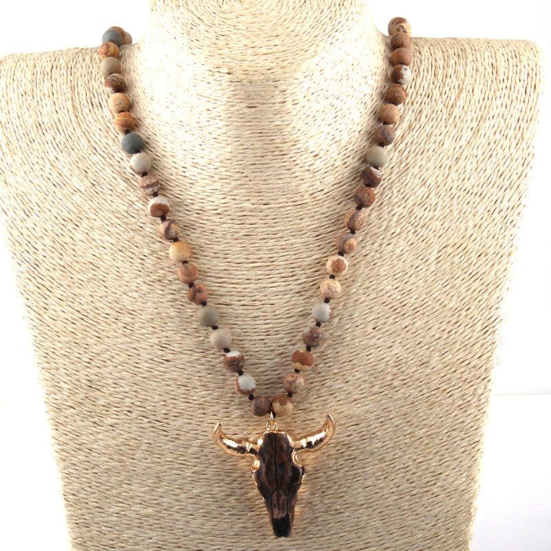 Bohemian Rustic Bull Head Pendant Statement Necklace - Lucid Fantasy 