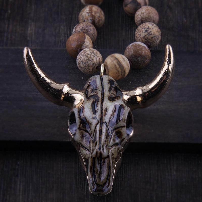 Bohemian Rustic Bull Head Pendant Statement Necklace - Lucid Fantasy 