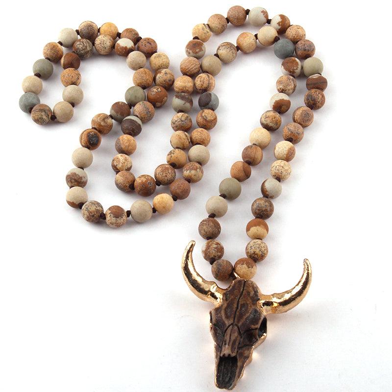 Bohemian Rustic Bull Head Pendant Statement Necklace - Lucid Fantasy 