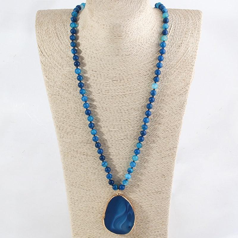 Bohemian Statement Necklace with Large Stone Pendant and Beaded Accents - Lucid Fantasy 