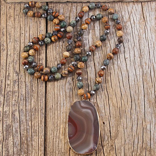 Bohemian Statement Necklace with Large Stone Pendant and Beaded Accents - Lucid Fantasy 