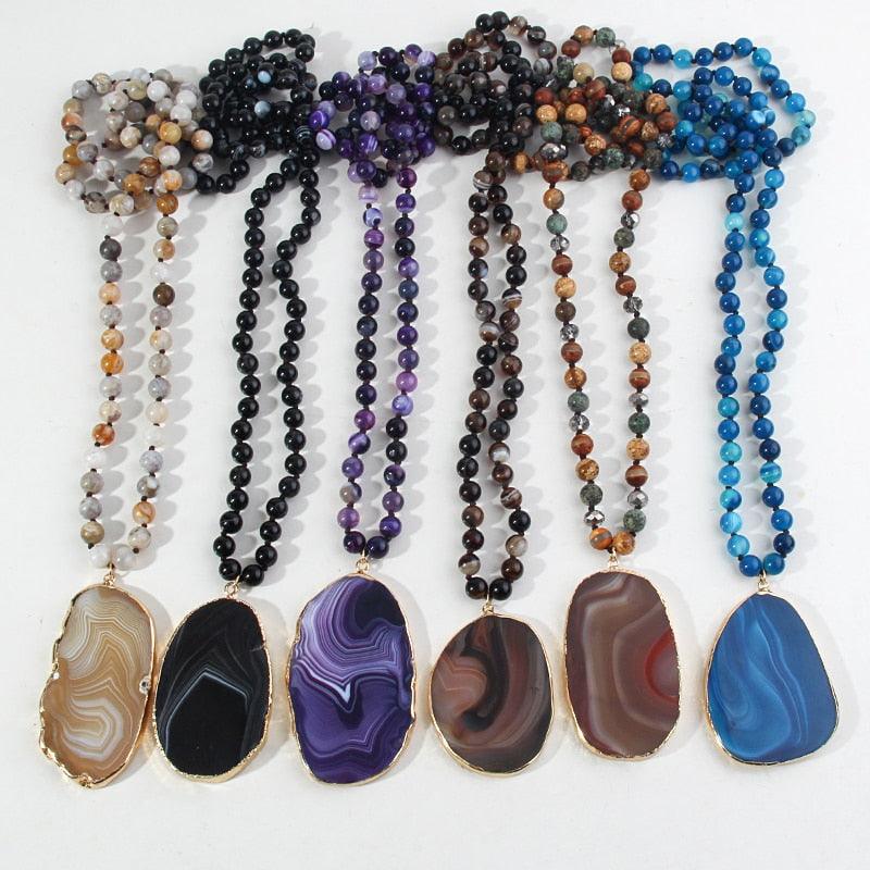 Bohemian Statement Necklace with Large Stone Pendant and Beaded Accents - Lucid Fantasy 