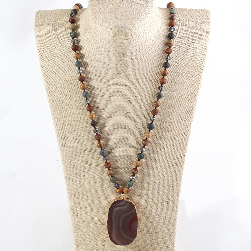 Bohemian Statement Necklace with Large Stone Pendant and Beaded Accents - Lucid Fantasy 