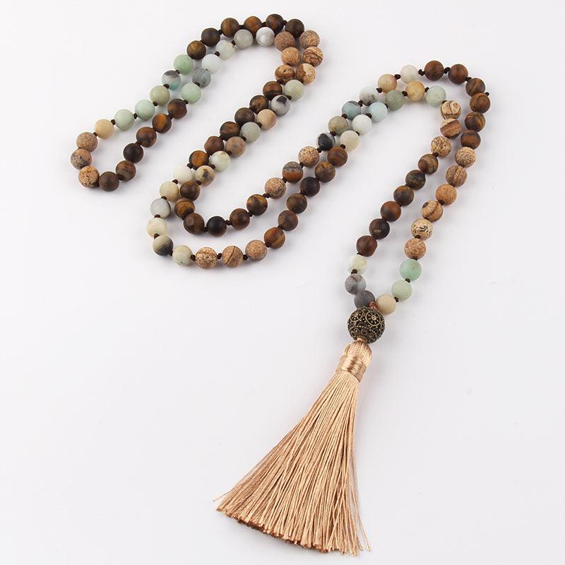 Bohemian Tribal Stone Beaded Necklace with Tassel Pendant - Lucid Fantasy 