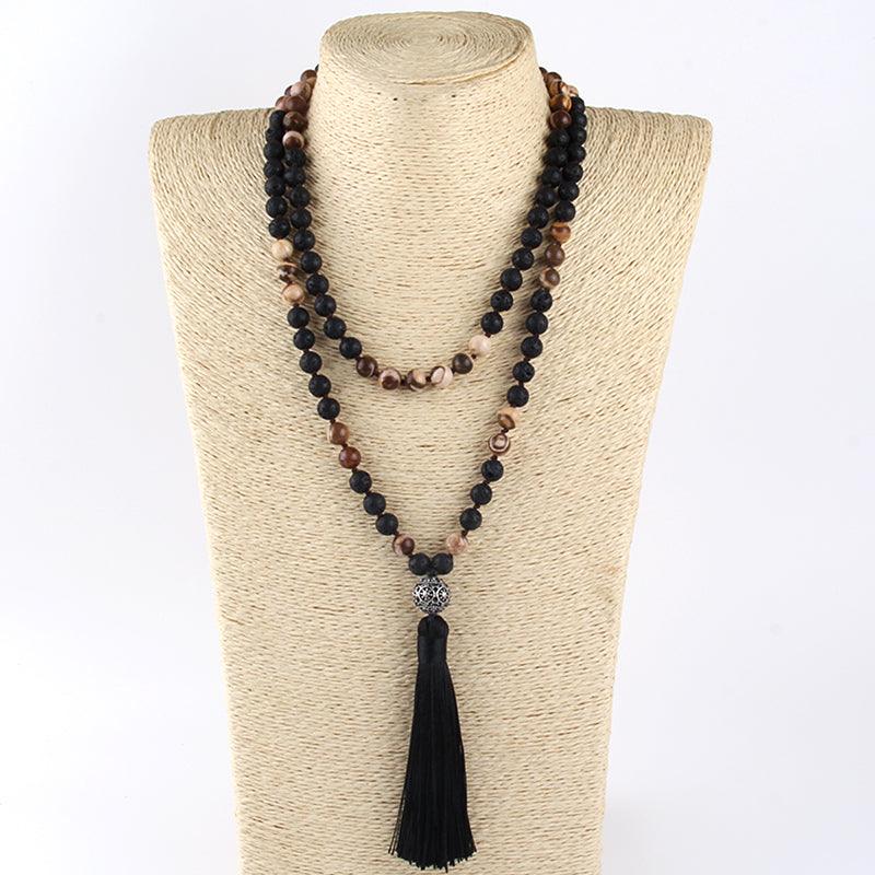 Bohemian Tribal Stone Beaded Necklace with Tassel Pendant - Lucid Fantasy 