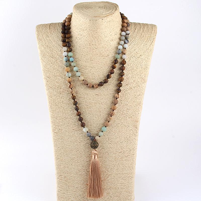 Bohemian Tribal Stone Beaded Necklace with Tassel Pendant - Lucid Fantasy 