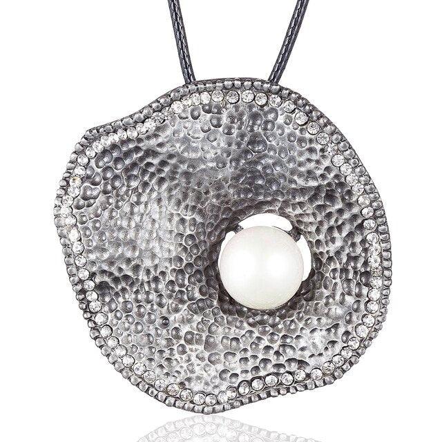 Bohemian Wave Pendant Necklace in Textured Silver - 80cm Chain - Unique Metal Art Design - Lucid Fantasy 