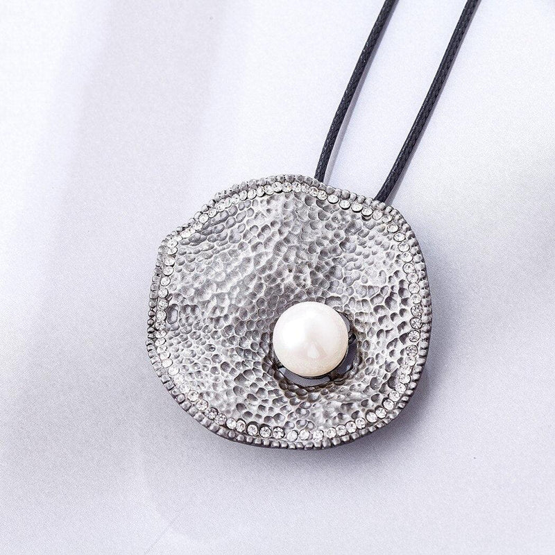 Bohemian Wave Pendant Necklace in Textured Silver - 80cm Chain - Unique Metal Art Design - Lucid Fantasy 