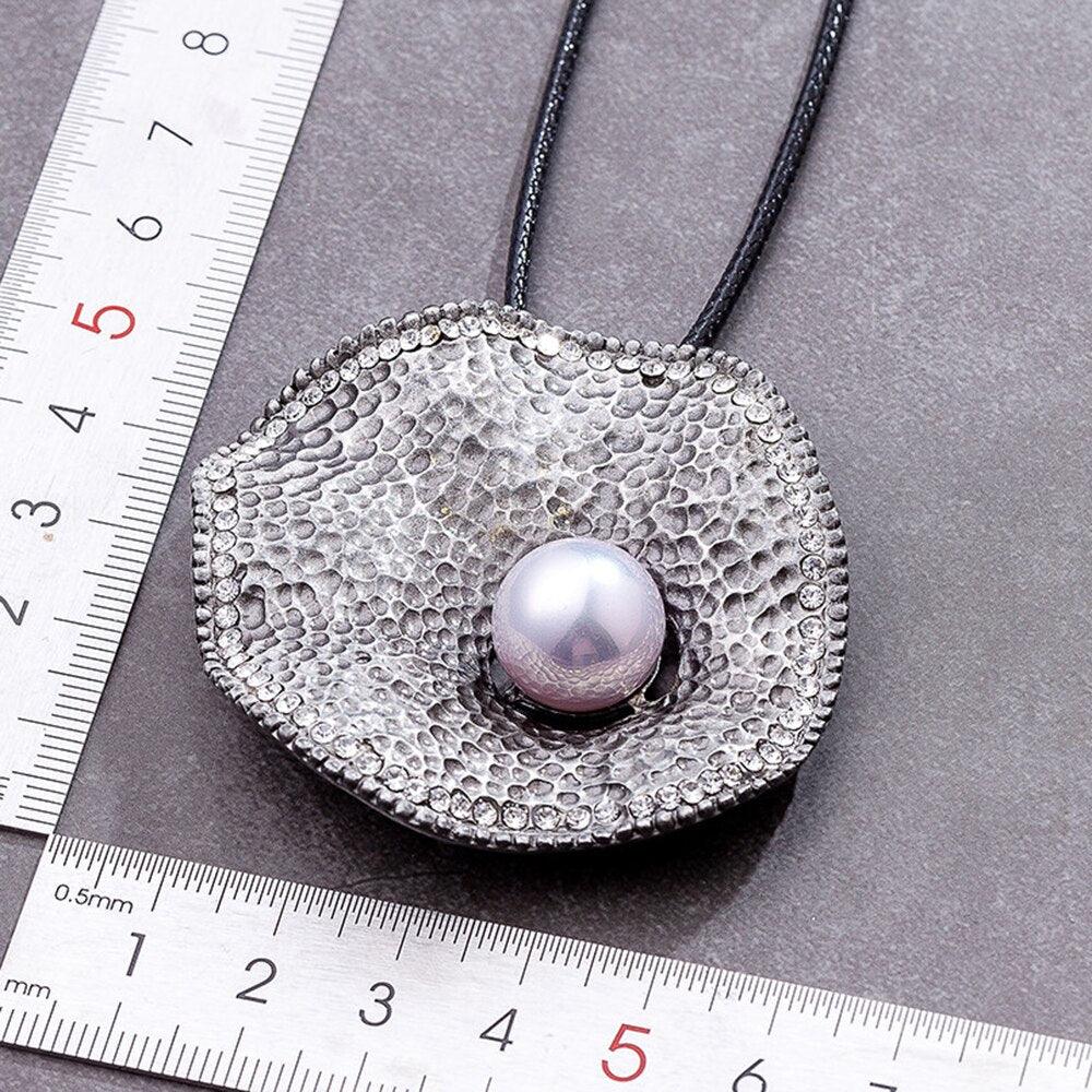 Bohemian Wave Pendant Necklace in Textured Silver - 80cm Chain - Unique Metal Art Design - Lucid Fantasy 