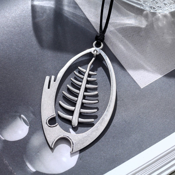 Boho Chic Fishbone Pendant Textured Metal Statement Necklace