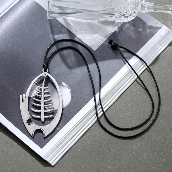 Boho Chic Fishbone Pendant Textured Metal Statement Necklace