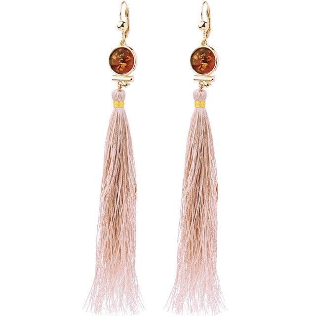 Boho Chic Long Tassel Pendant Earrings in Light Resin and Cotton Thread - Lucid Fantasy 