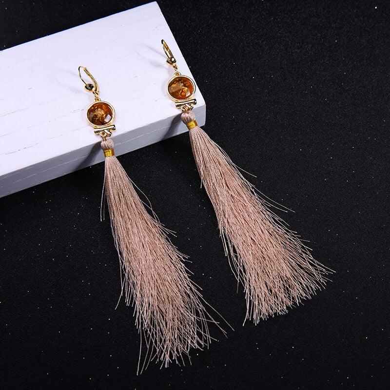 Boho Chic Long Tassel Pendant Earrings in Light Resin and Cotton Thread - Lucid Fantasy 