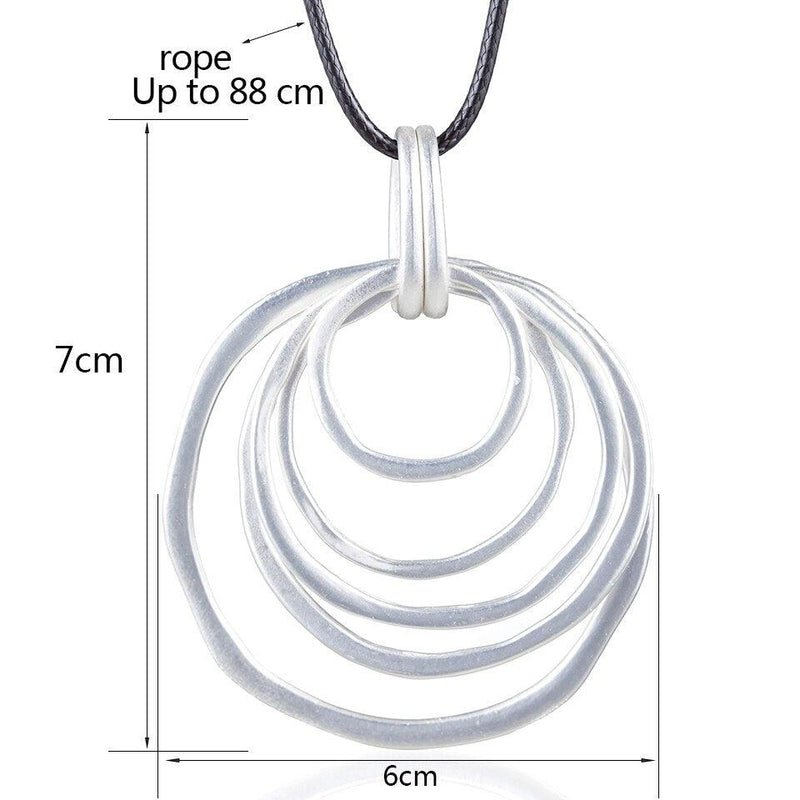 Boho Chic Multi Hoop Pendant Necklace - Silver Elegance - 88cm Rope Chain - Statement Jewelry - Lucid Fantasy 