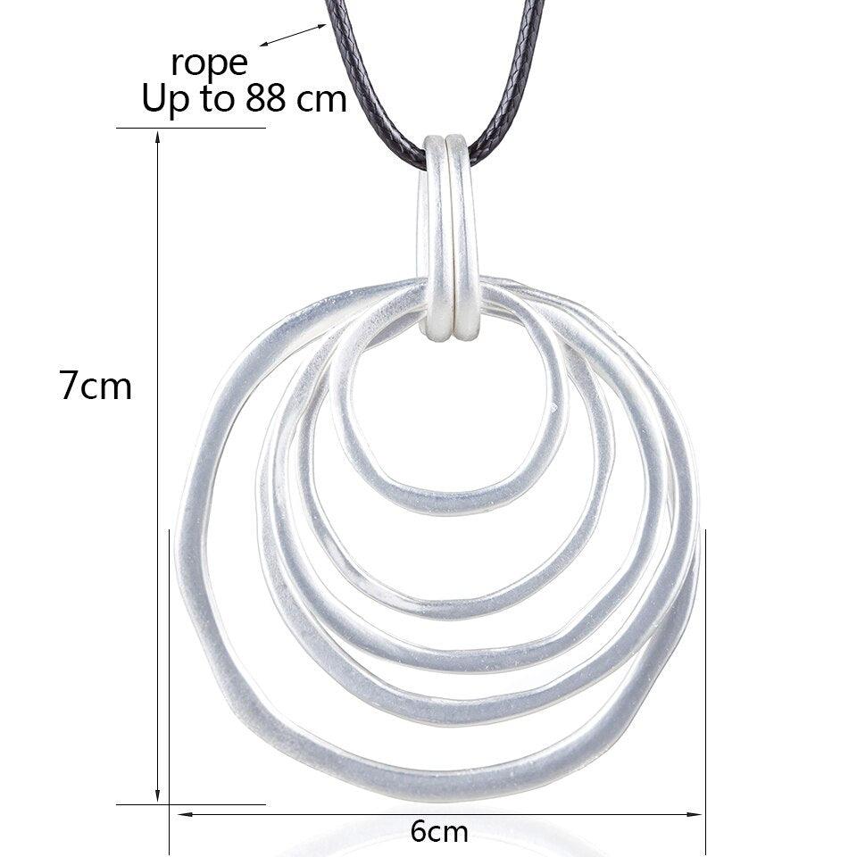 Boho Chic Multi Hoop Pendant Necklace - Silver Elegance - 88cm Rope Chain - Statement Jewelry - Lucid Fantasy 