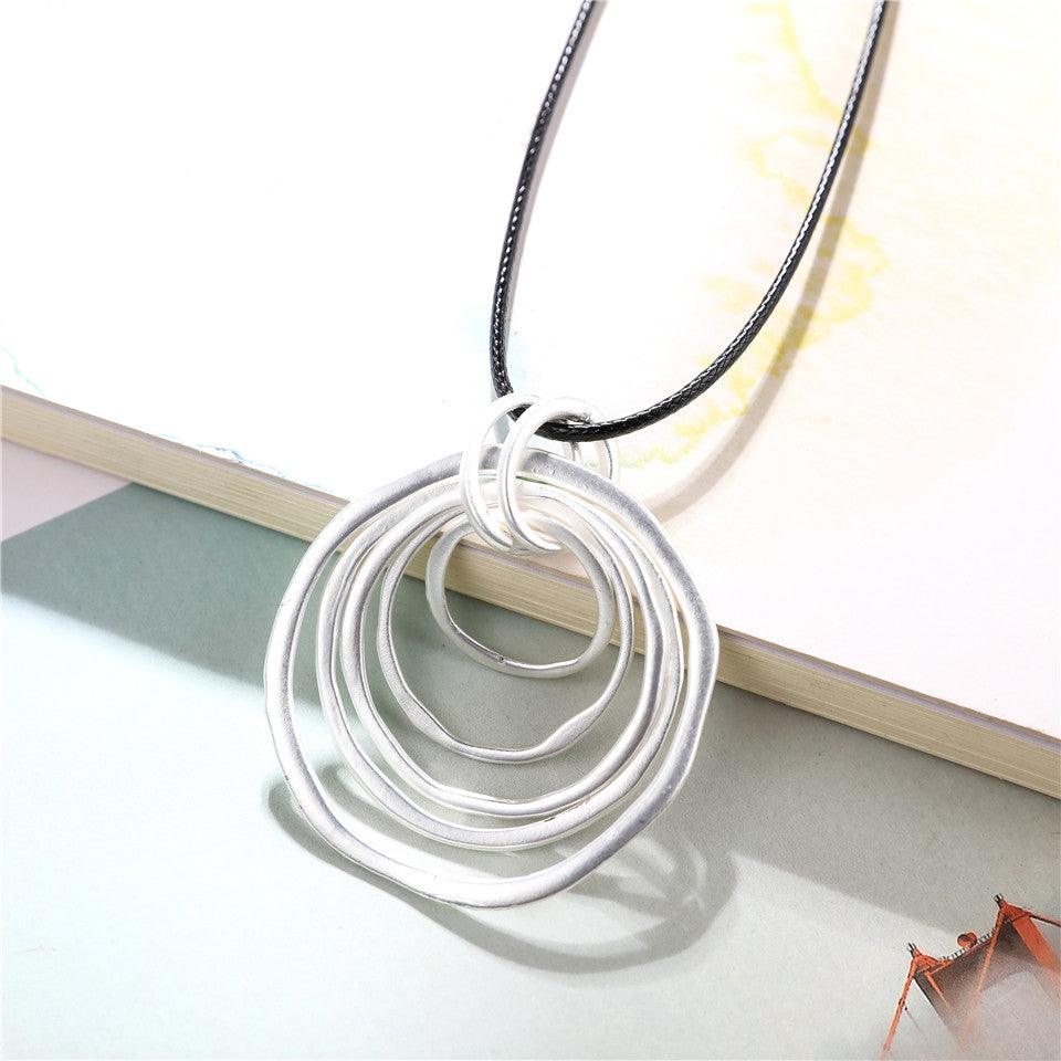 Boho Chic Multi Hoop Pendant Necklace - Silver Elegance - 88cm Rope Chain - Statement Jewelry - Lucid Fantasy 