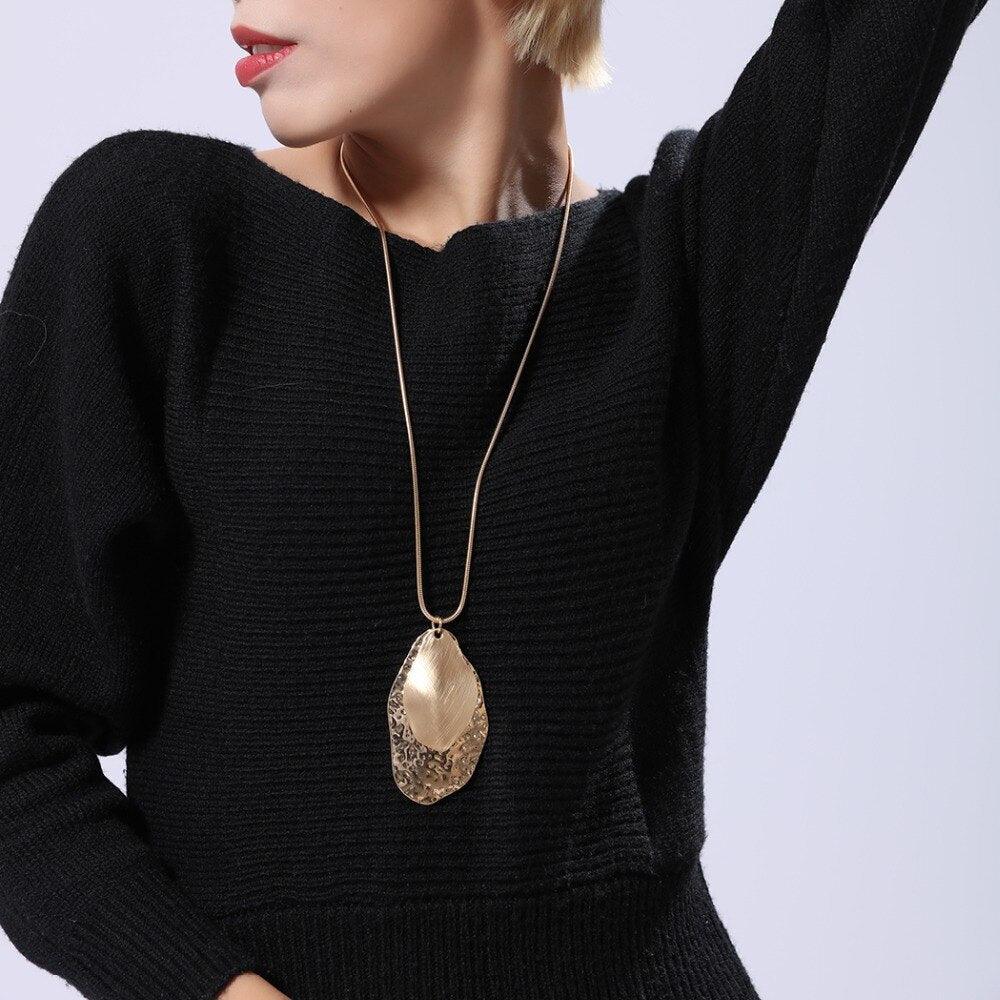 BOHO Elegance Gold Textured Metal Pendant Necklace with Snake Chain - 85cm - Lucid Fantasy 