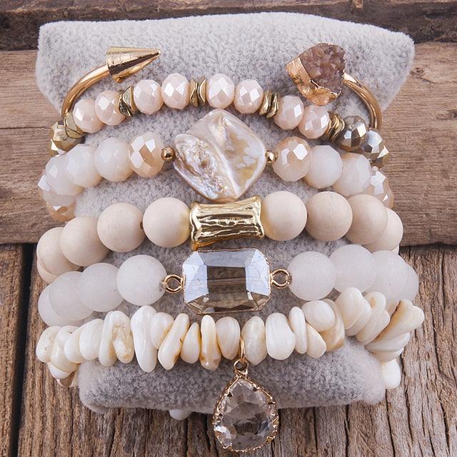 BOHO Elegance: Natural Stone and Crystal Stacking Bracelet Cuff Set - Lucid Fantasy 