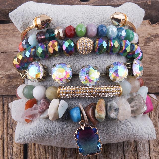 BOHO Elegance: Natural Stone and Crystal Stacking Bracelet Cuff Set - Lucid Fantasy 