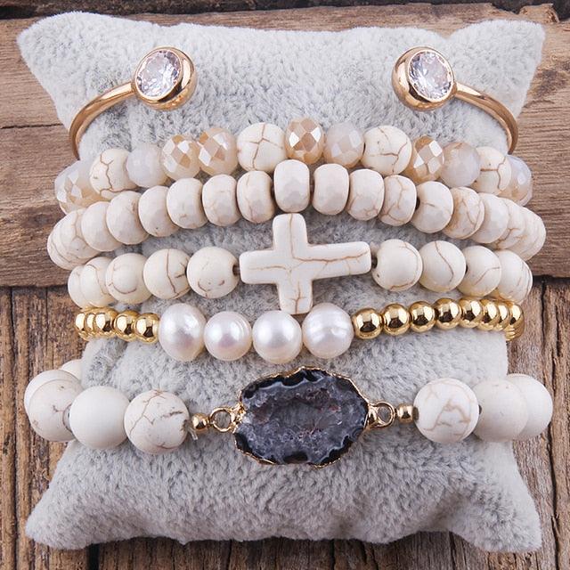 BOHO Elegance: Natural Stone and Crystal Stacking Bracelet Cuff Set - Lucid Fantasy 