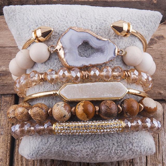 BOHO Elegance: Natural Stone and Crystal Stacking Bracelet Cuff Set - Lucid Fantasy 