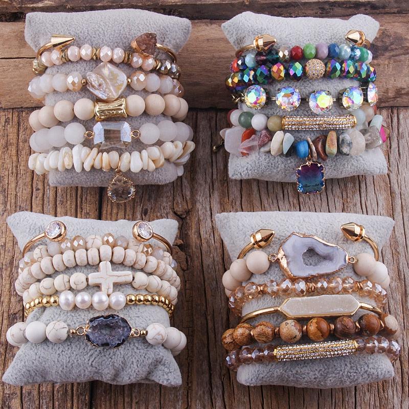 BOHO Elegance: Natural Stone and Crystal Stacking Bracelet Cuff Set - Lucid Fantasy 