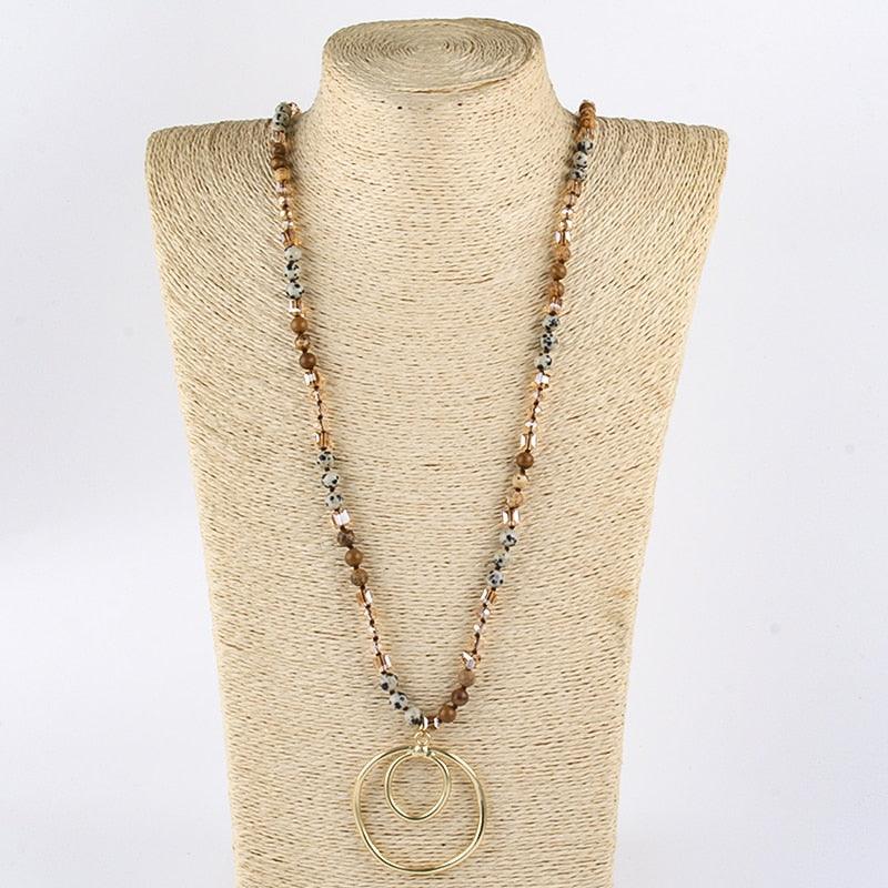 BOHO Elegance Natural Stone Beaded Double Hoop Pendant Necklace - 86cm Chain Length Fashion Accessory - Lucid Fantasy 