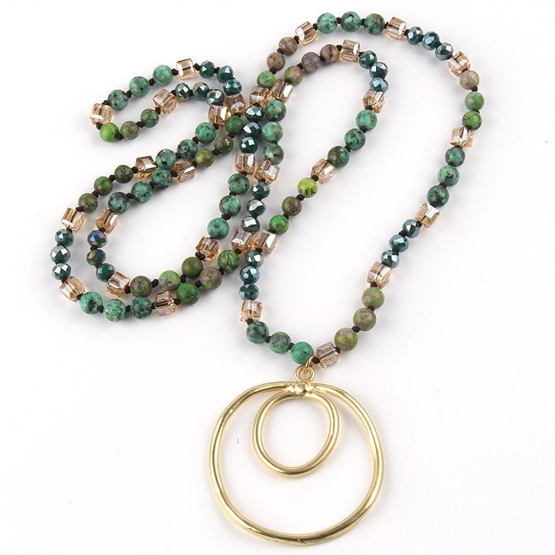 BOHO Elegance Natural Stone Beaded Double Hoop Pendant Necklace - 86cm Chain Length Fashion Accessory - Lucid Fantasy 