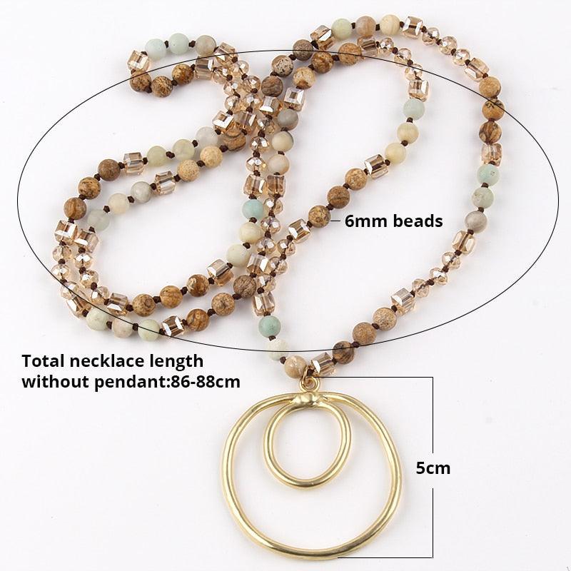 BOHO Elegance Natural Stone Beaded Double Hoop Pendant Necklace - 86cm Chain Length Fashion Accessory - Lucid Fantasy 