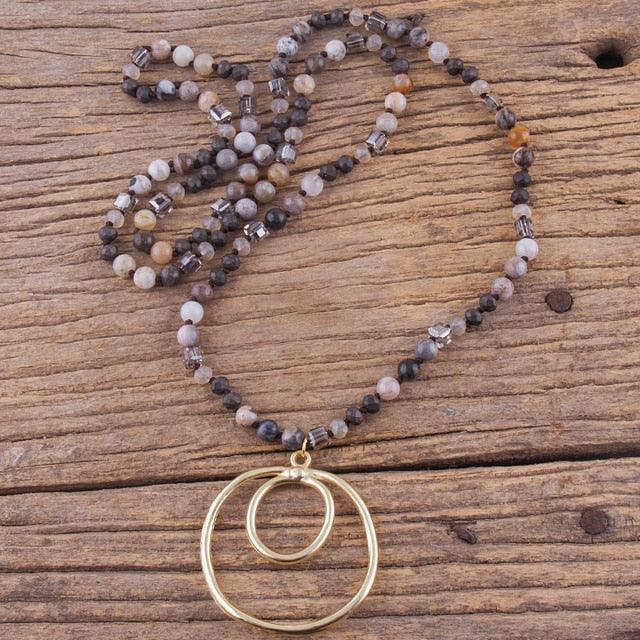 BOHO Elegance Natural Stone Beaded Double Hoop Pendant Necklace - 86cm Chain Length Fashion Accessory - Lucid Fantasy 