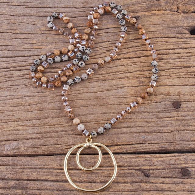 BOHO Elegance Natural Stone Beaded Double Hoop Pendant Necklace - 86cm Chain Length Fashion Accessory - Lucid Fantasy 