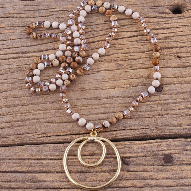 BOHO Elegance Natural Stone Beaded Double Hoop Pendant Necklace - 86cm Chain Length Fashion Accessory - Lucid Fantasy 