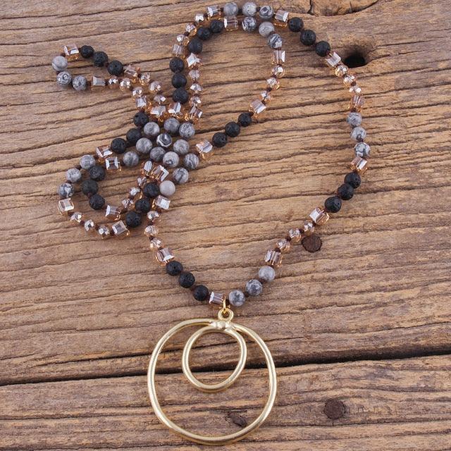 BOHO Elegance Natural Stone Beaded Double Hoop Pendant Necklace - 86cm Chain Length Fashion Accessory - Lucid Fantasy 